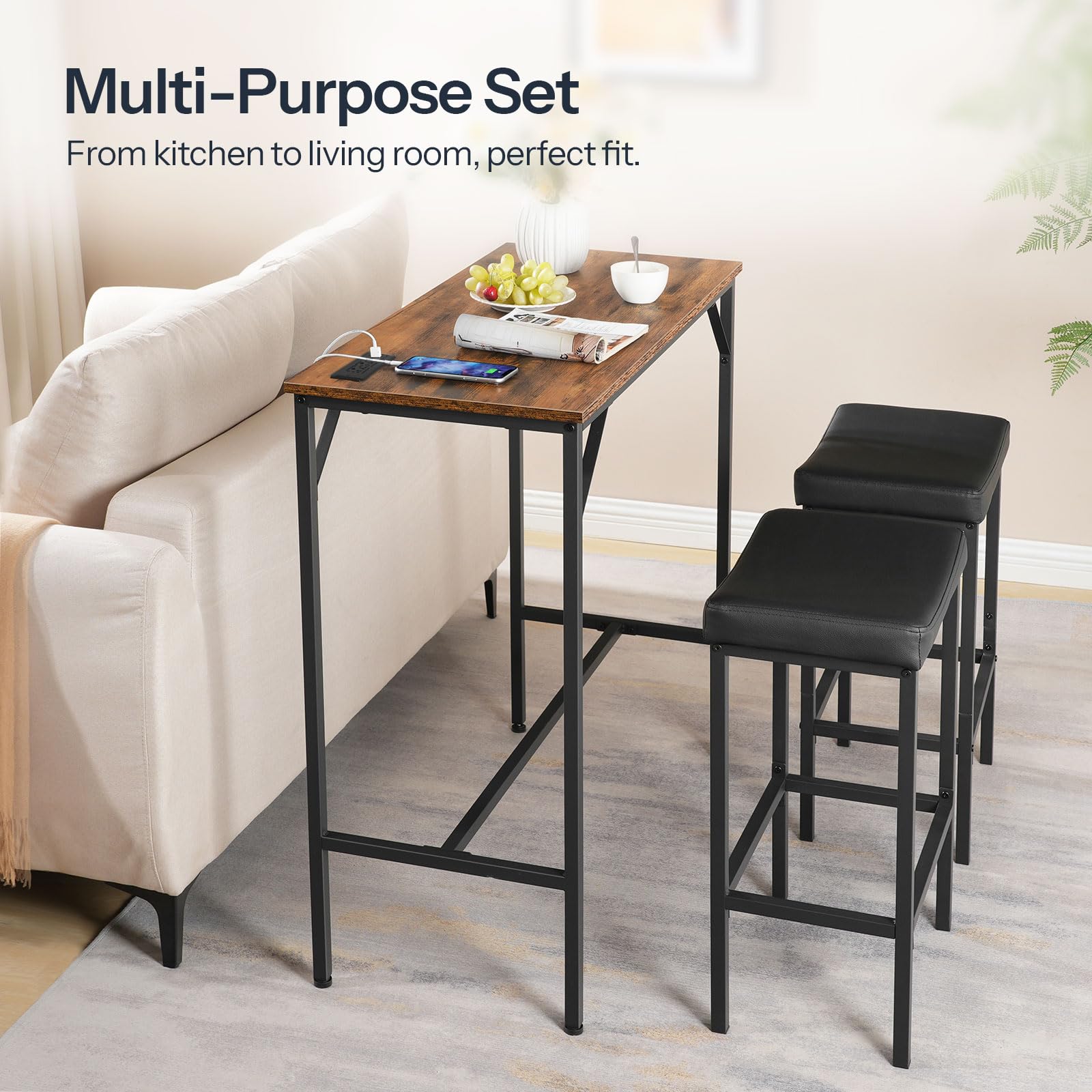 3-Piece Bar Table & Stools Set with Charging Station