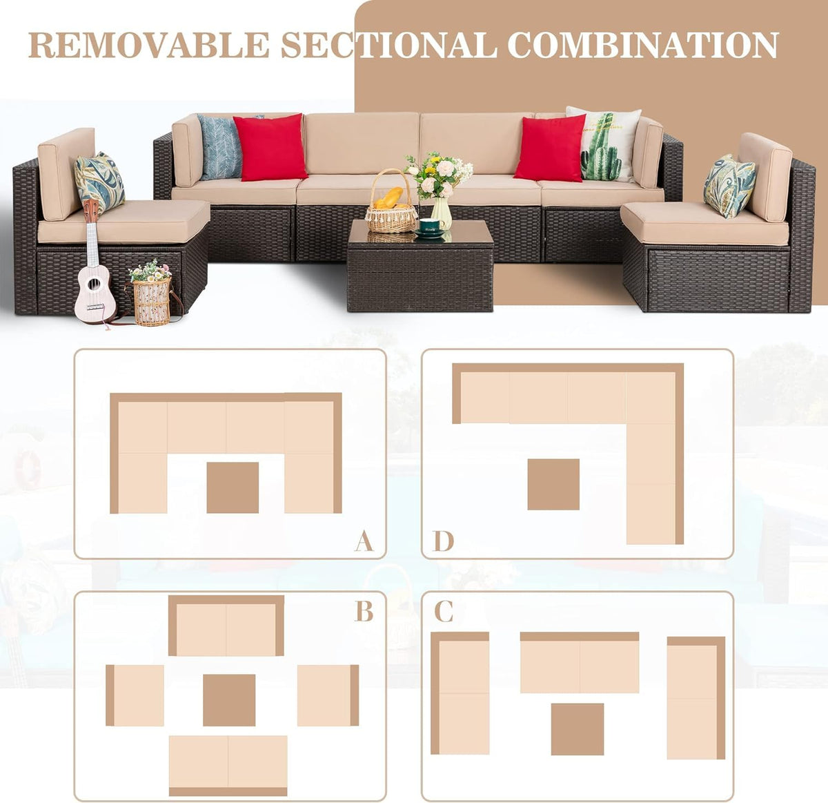 Vongrasig 7 Pieces Patio Furniture Sets, Outdoor Sectional Patio Sofa Set
