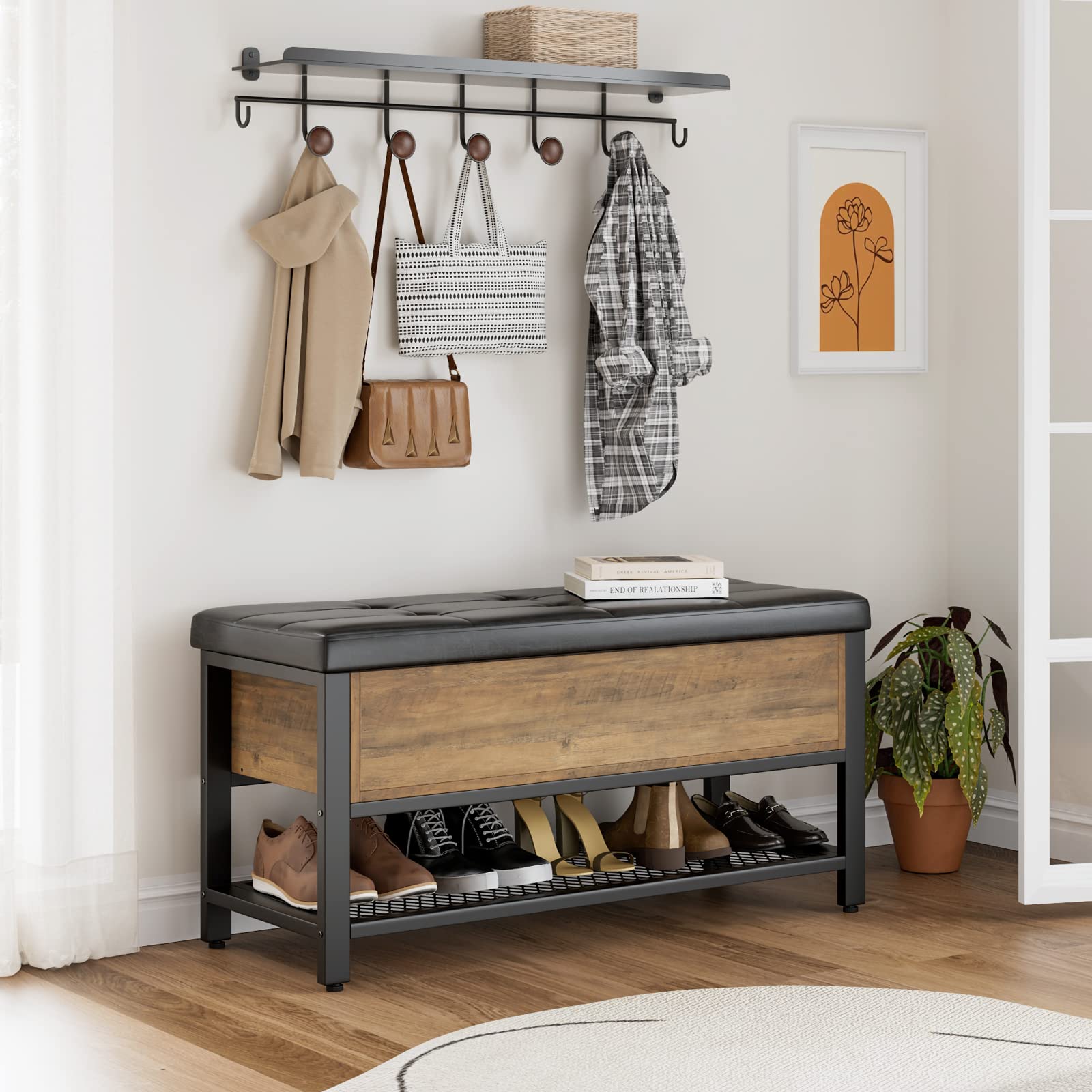 HOSTACK Storage Bench, Entryway Shoe Bench with Flip-Open Storage Box, End of Bed Ottoman Bench with Storage Shelf and Padded Seat for Bedroom, Hallway, Rustic Brown