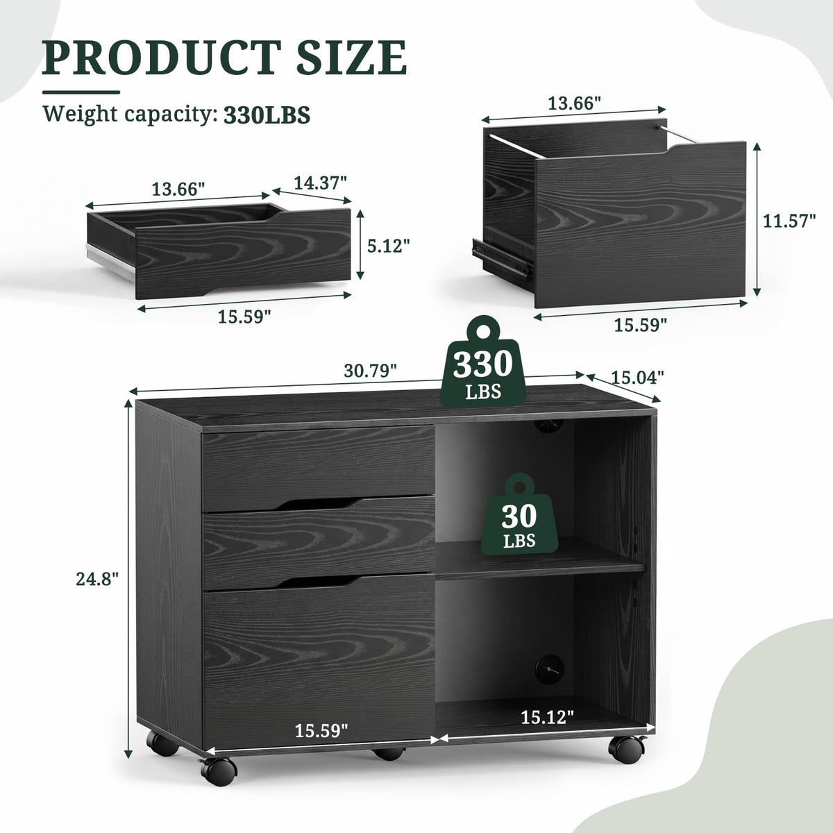Lateral File Cabinet with 3 Drawers, Rolling Filing Cabinet with Wheels