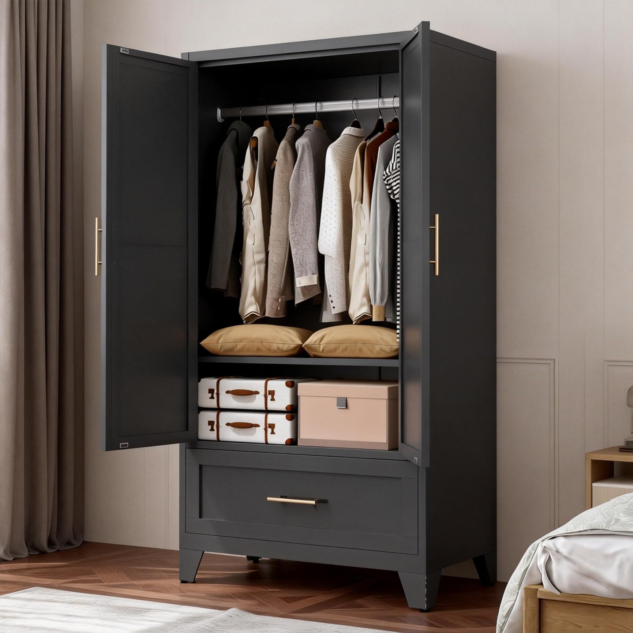 WOCFYK 60" Tall Metal Wardrobe Cabinet with 1 Drawer and Hanging Rod, 2 Doors Wardrobe Closet with Shelf for Bedroom, Office, Laundry Room,Entryway,Foyer,Guesthouse (Black)
