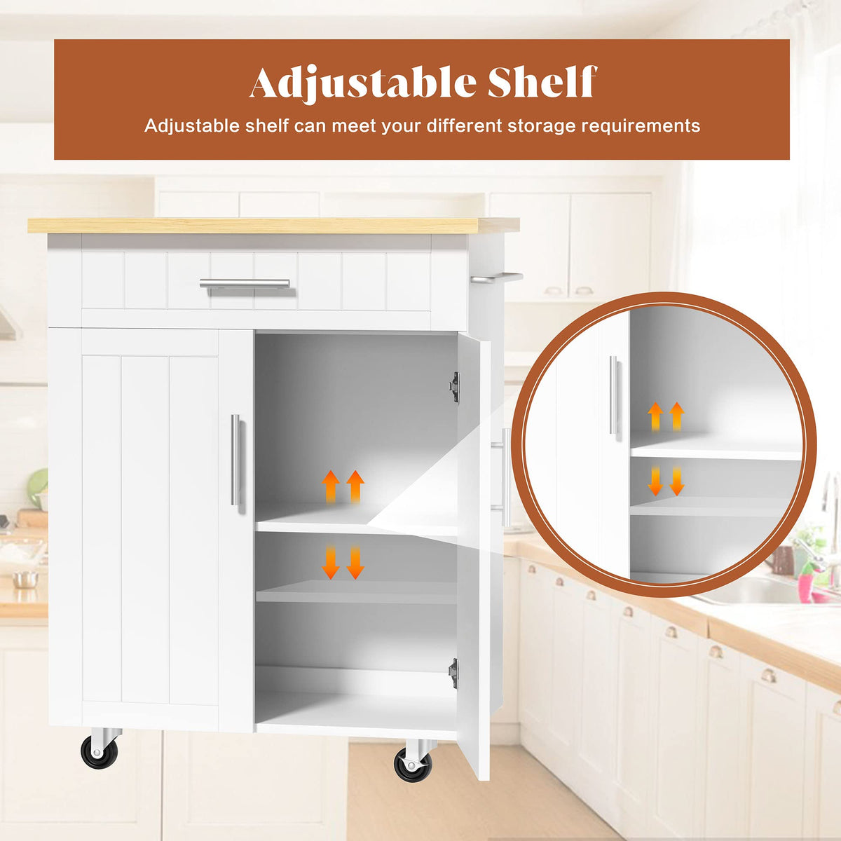 SUNLEI Kitchen Island with Storage, 26" Rolling Microwave Cart with 3 Drawers, Rubberwood Top, Lockable Wheels, Towel Rack & Open Shelves, Portable Kitchen Cart, White