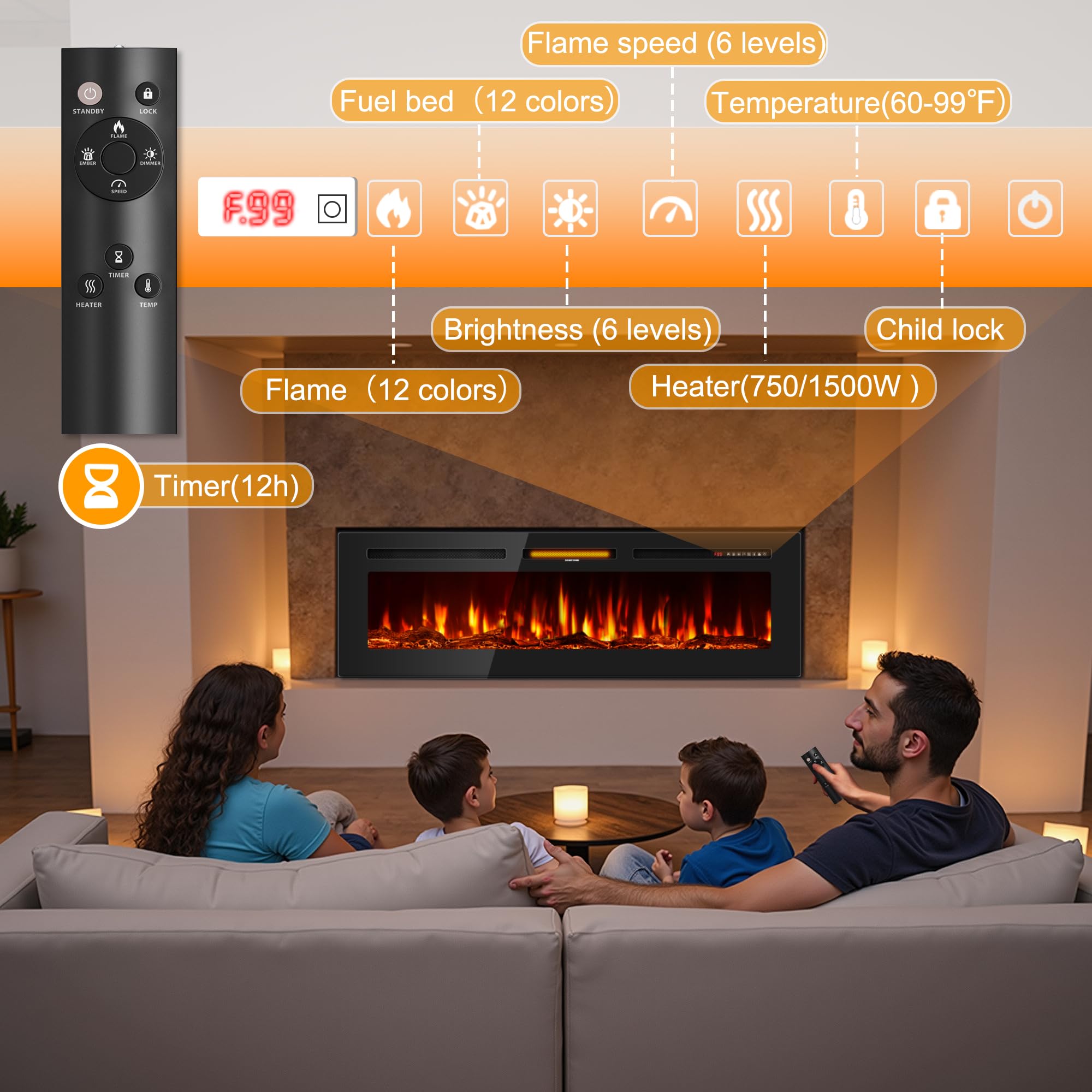 Wall-Mounted Recessed Electric Fireplace