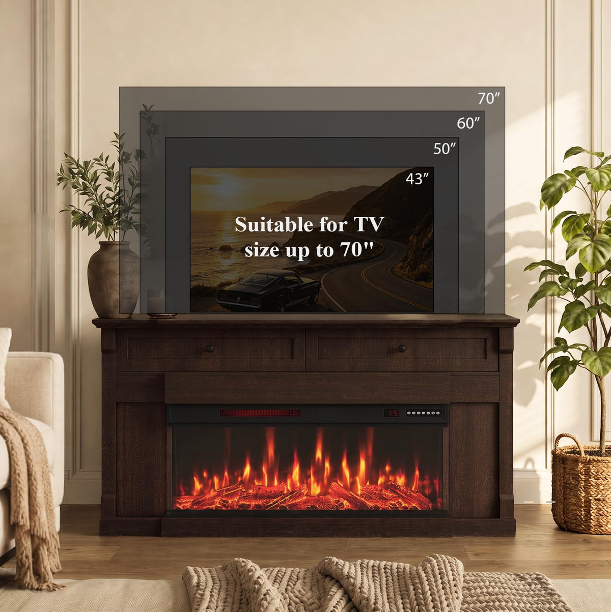 BREEZEHEAT Electric Fireplace with Mantel, 61" Farmhouse TV Stand