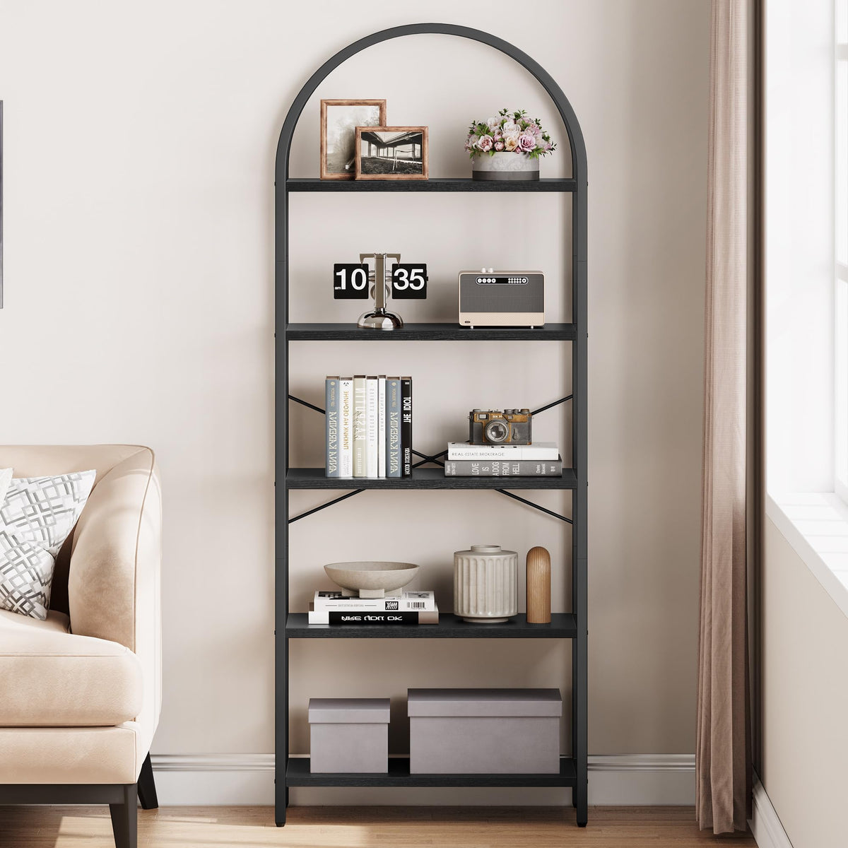 5-Tier Arched Bookcase with Metal Frame