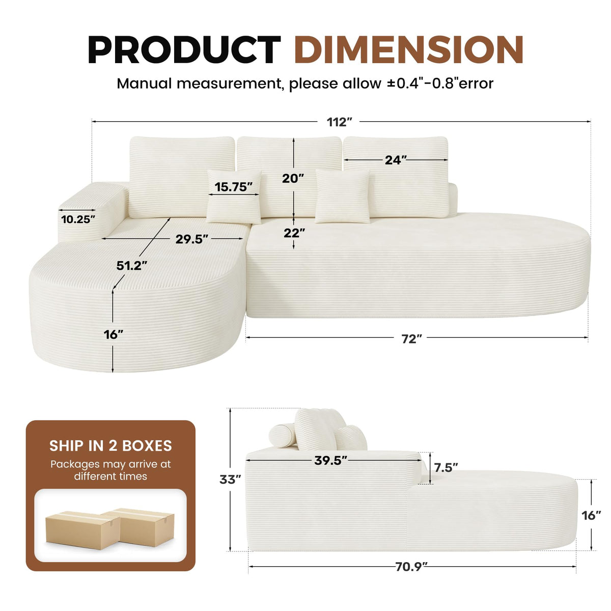 112" Modular Curved Cloud Couch, Oversized Couches for Living Room, Modern Boneless Sectional Sofa with Deep Seat, Foam Couch, No Assembly Required, Beige, 1PCS