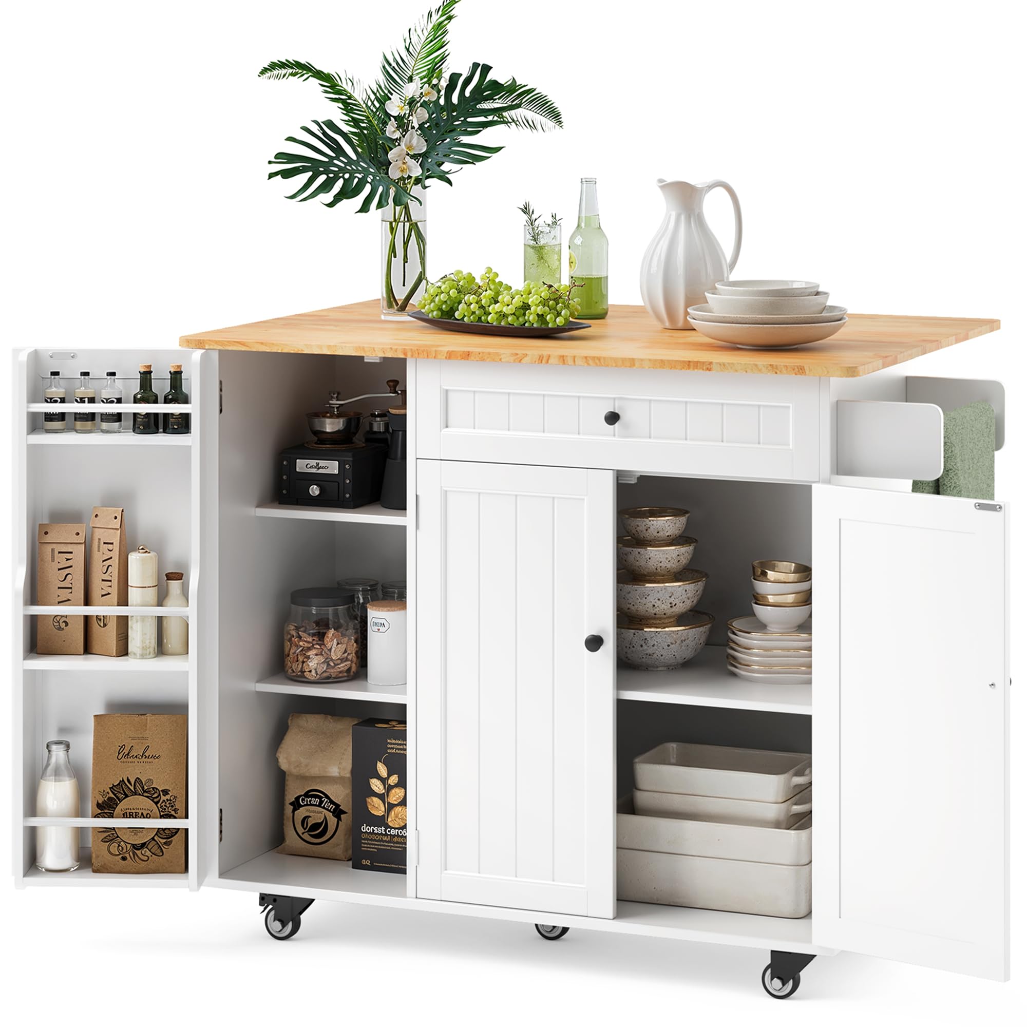 Kitchen Island with Drop Leaf, Storage Cabinet & Drawer