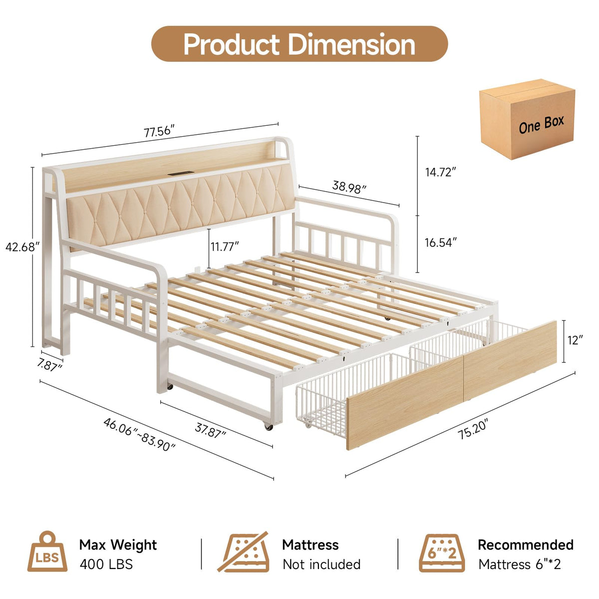 ComfyCorner Twin to King Daybed, Convertible Sofa Bed with Trundle, White