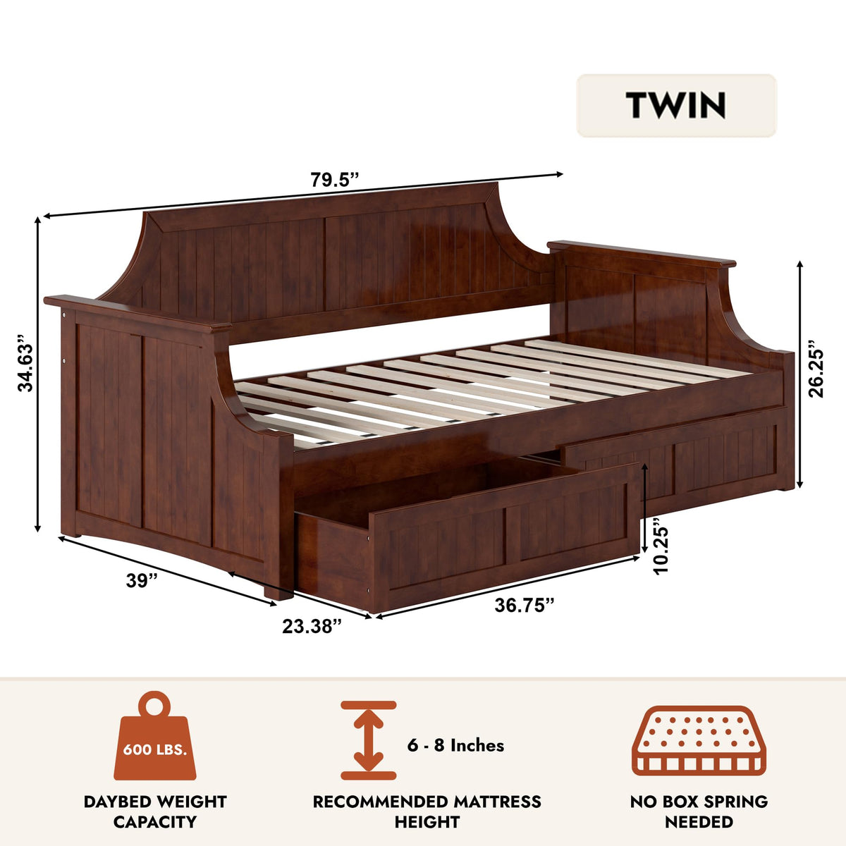 AFI, Cambridge Twin Wood Daybed with 2 Storage Drawers, Walnut