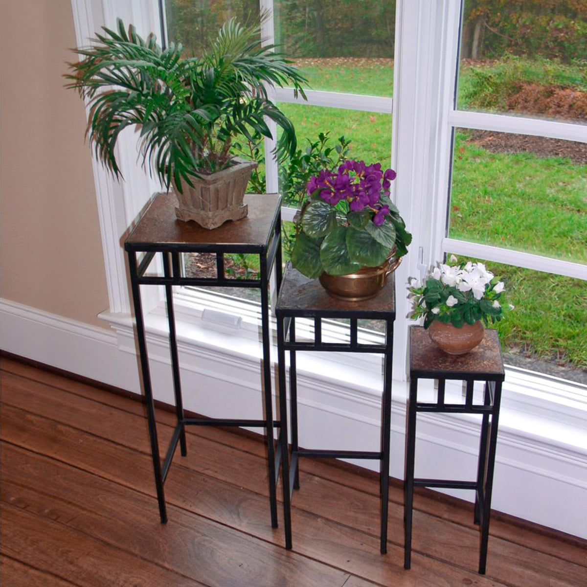 Zhongma Set of 3 Metal Plant Stand with Slate Top Fully Assembled Square Flower Shelf without Installation Required
