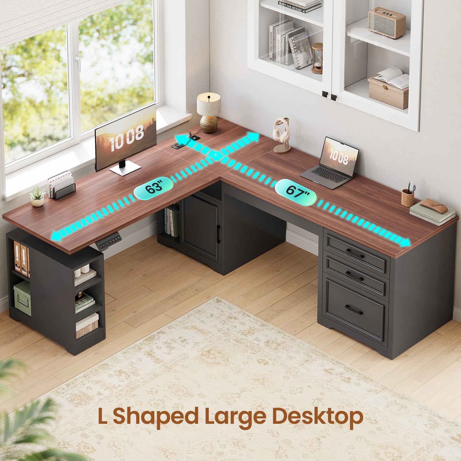 L-Shaped Electric Standing Desk with Drawers & Shelves