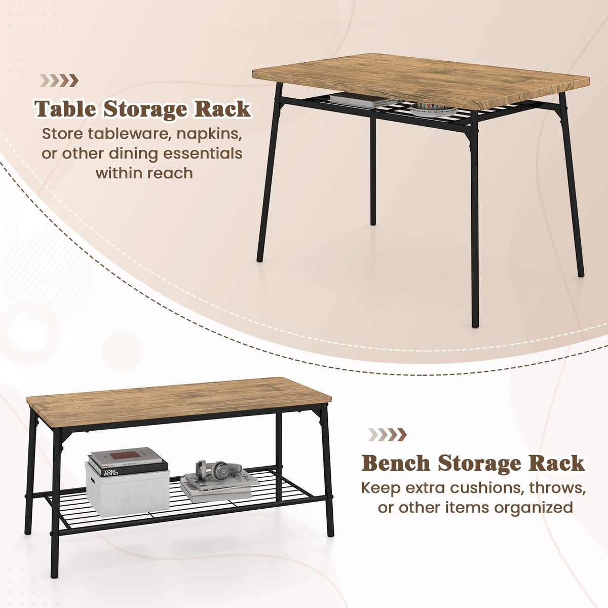 GOFLAME 4-Piece Dining Table Set for 4, Industrial Rectangular Kitchen Table with Bench and 2 Chairs, Storage Racks, Metal Frame, Space-Saving Dinette Set for Dining Room, Living Room, Breakfast Nook
