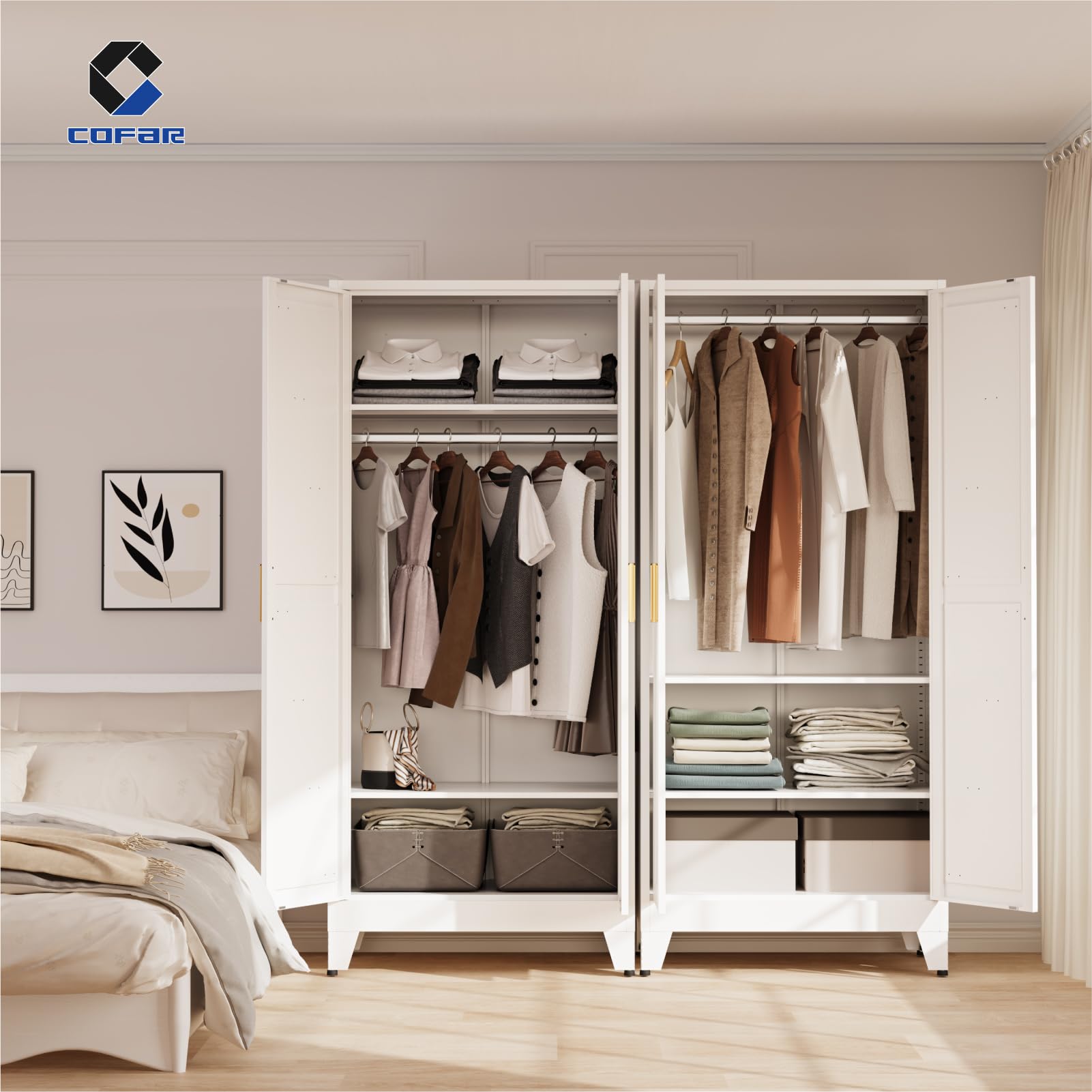 COFaR 71'' Metal Wardrobe Closet, Bedroom Armoire Cabinet with Adjustable Hanging Rod and Shelves, 2 Doors Farmhouse Closet Storage for Garage Laundry, White Roperos para Guardar Ropa