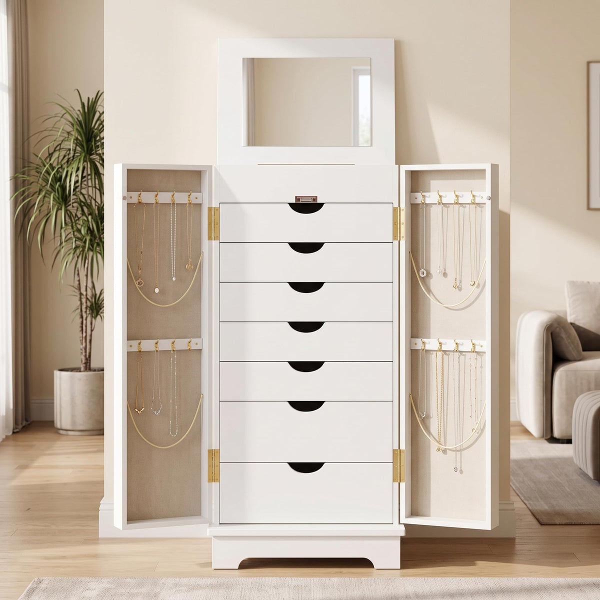 Hives and Honey Porsha Jewelry Armoire – Fully Locking with Mirror, 7 Drawers, Necklace Hooks & Ring Storage – Solid Wood Veneer, Anti-Tarnish Lining – White