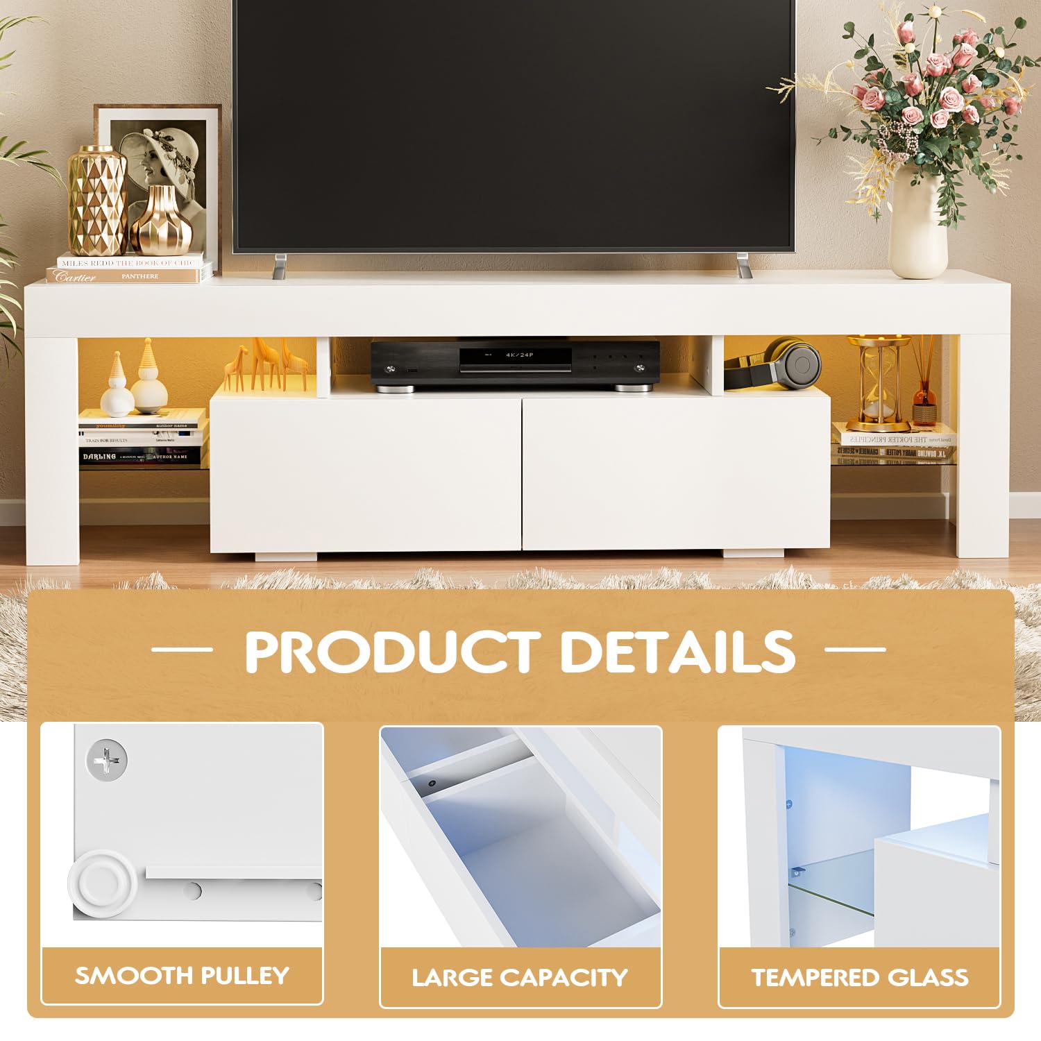JUMMICO TV Stand with LED Lights, Modern Entertainment Center Media and Open Shelf Console Table Storage Desk with 1 Drawer and Remote Control 20 Color LED Lights up to 70 Inch TV (White)