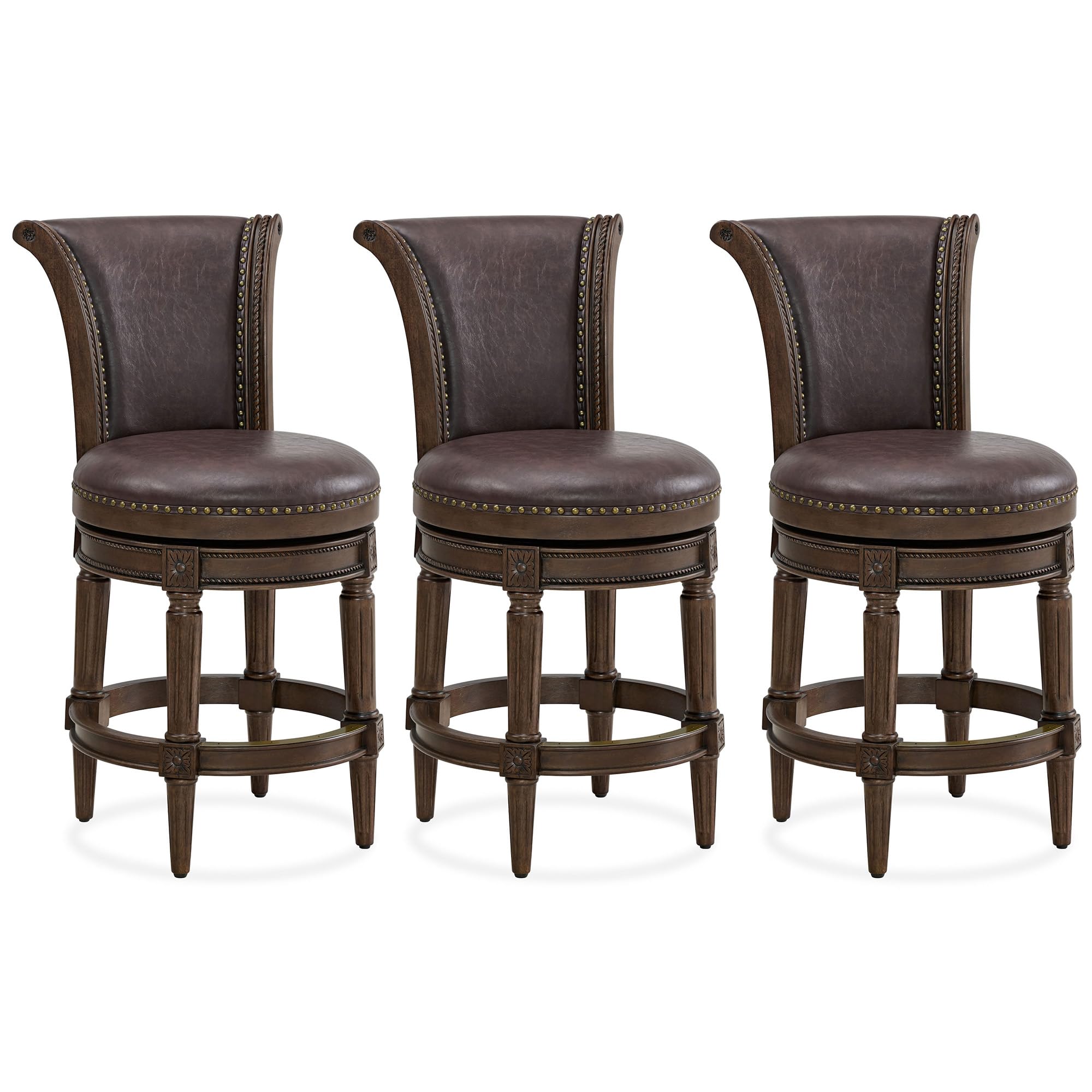 ROME + OAK Set of 3 Runyan 26" Swivel Counter Stool, Rotating High Back Barstool in Dark Walnut Finish with Vintage Brown Vegan Leather Seat