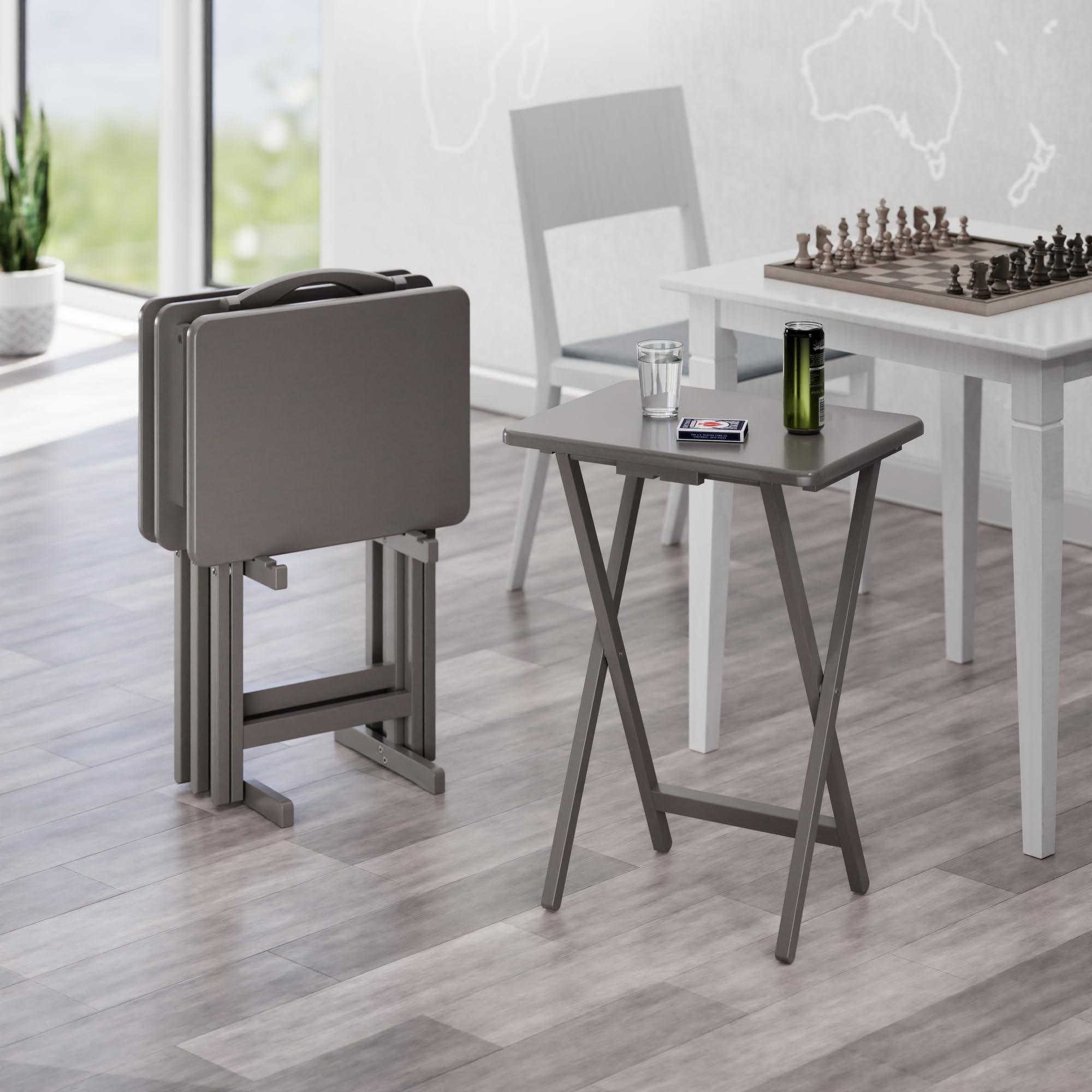 Winsome Alex Set of 4 Foldable Snack Tables with Storage Rack, Easy to Store Portable Fold Up Table Set for Kitchen, Living Room TV Dining, Crafts, Puzzles, Work from Home