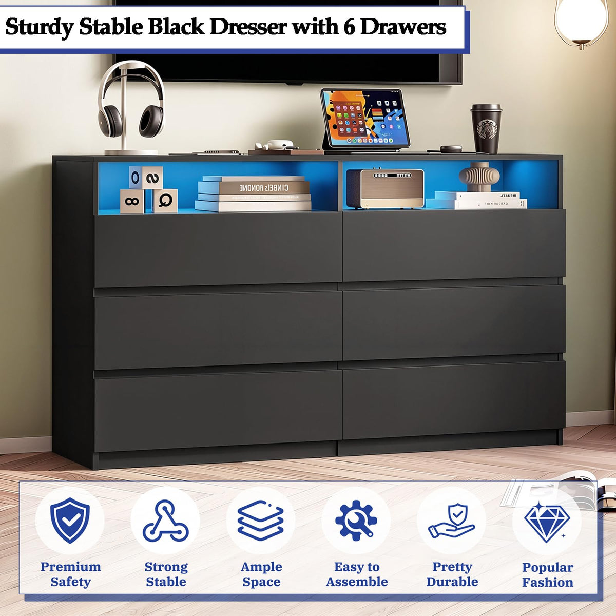 Premium 6 Drawers 2 Shelves 47"L Bedroom Black Dresser with RGB Lights