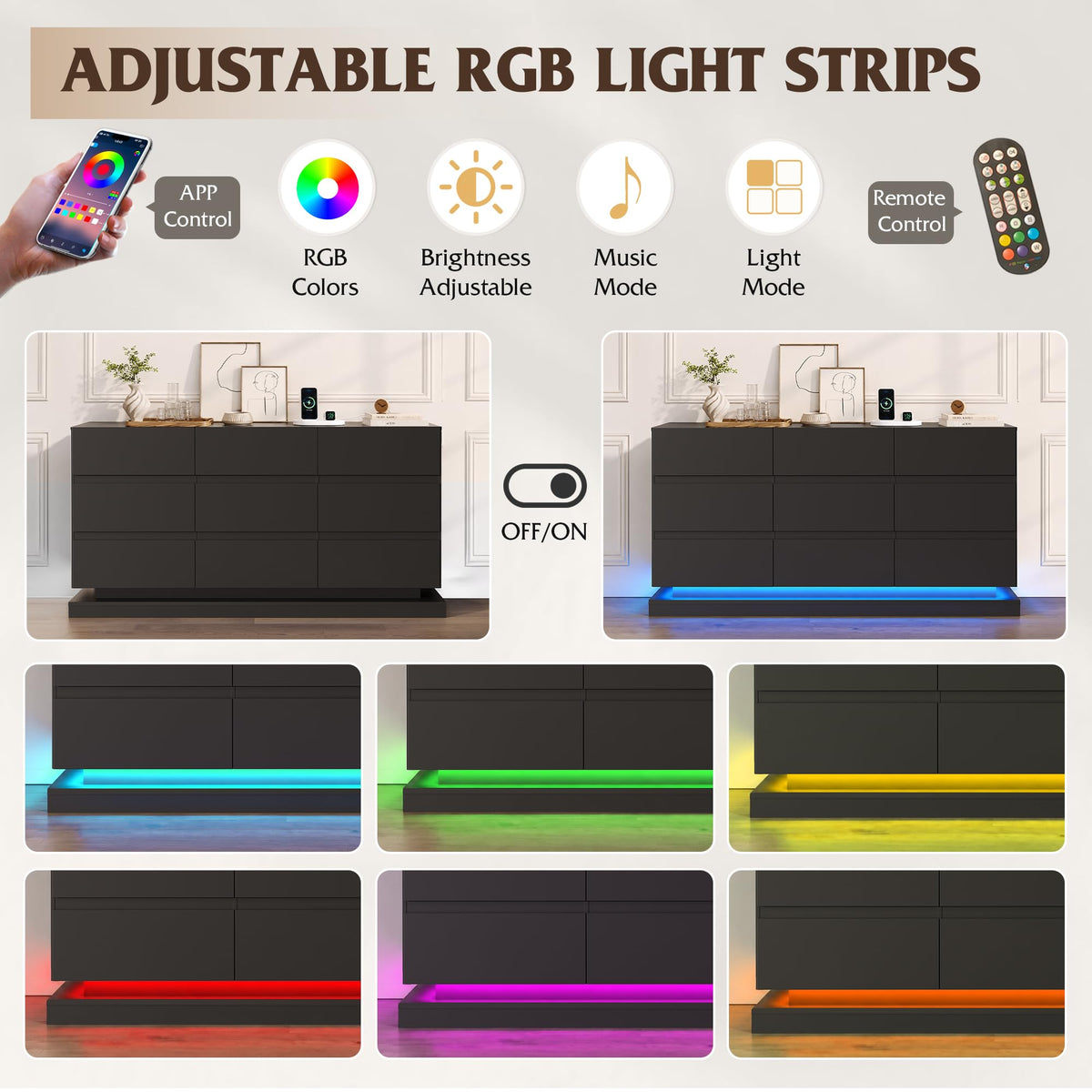 WLIVE 9 Drawer Dresser with LED Light, Dresser with Charging Station