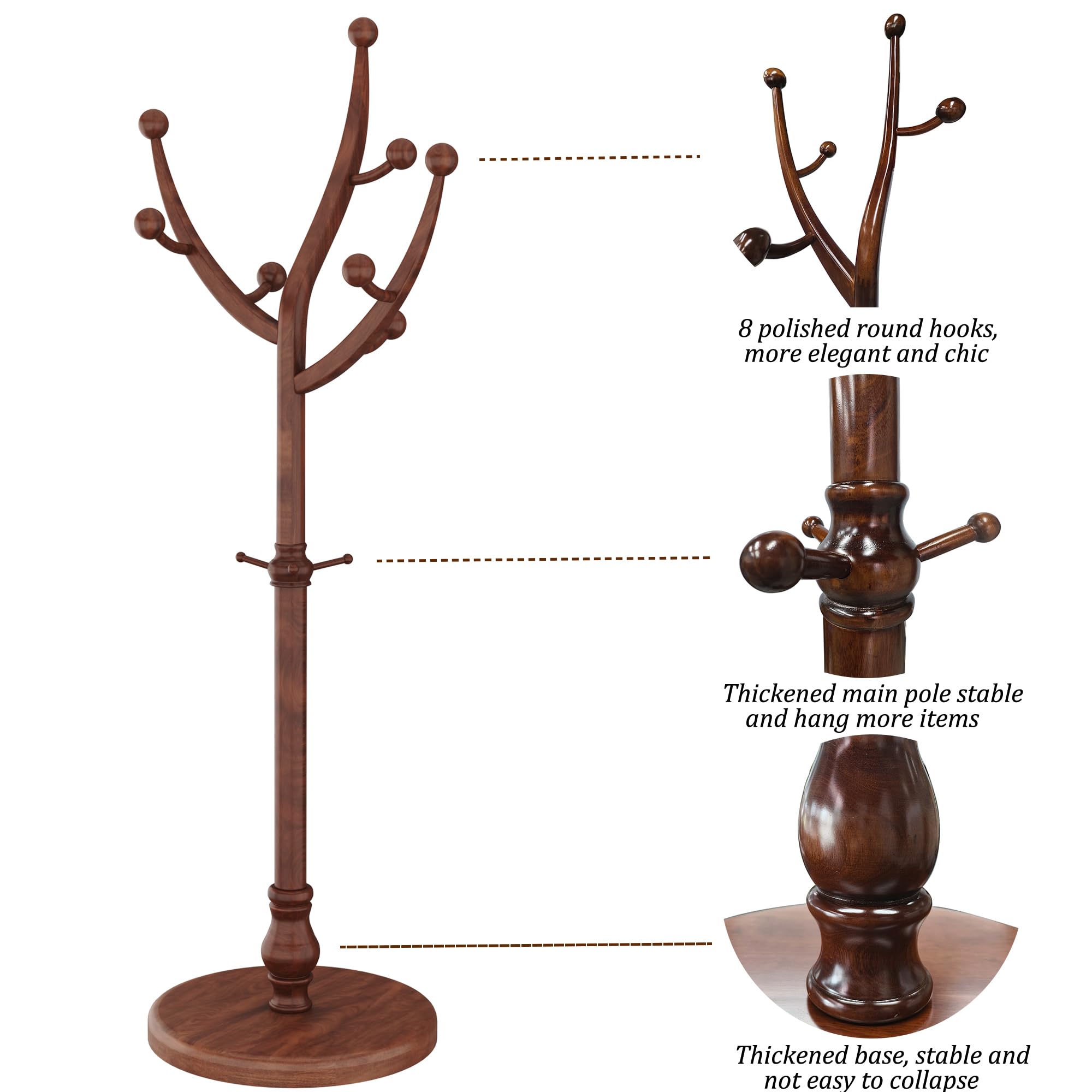 Freestanding Wooden Coat Rack with 11 Hooks