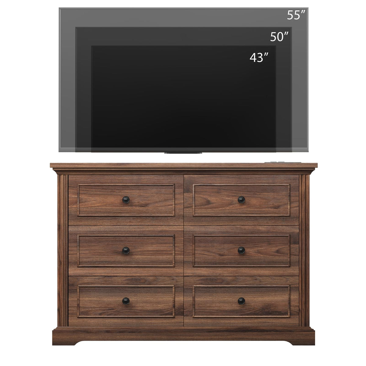 QUW Farmhouse 6 Drawer Dresser for Bedroom, 47" Wide Wood Chest of Drawers with Charging Station, Metal Handle, Modern Closet Clothes Storage Organizer for Living Room, Hallway, Entryway, Dark Walnut