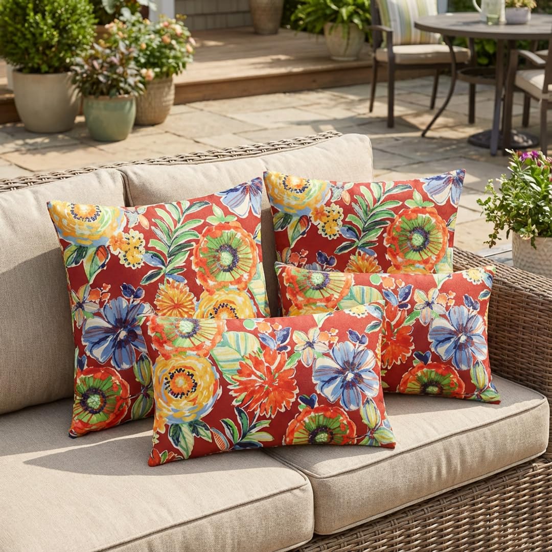 RSH DECOR: Lumbar & Square Throw Pillows Set of 4 | 20" x 12" & 17" x 17" | All-Weather Spun Fabric | Water and Fade-Resistant | Outdoor Accent Pillows for Patio Furniture | Colsen Berry