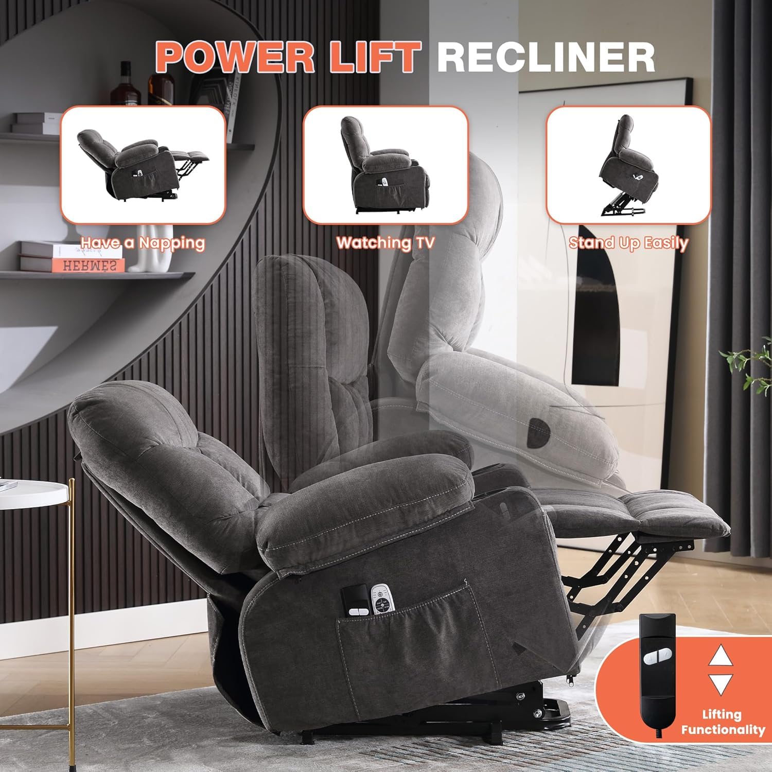 Ultra Wide Power Lift Recliner Chair for Elderly,Rotating Lounge Chair with Hot Massage Heating and Auxiliary Standing Function,Oversized Lazyboy Single Sofa with Cup Holder for Living Room (Grey)
