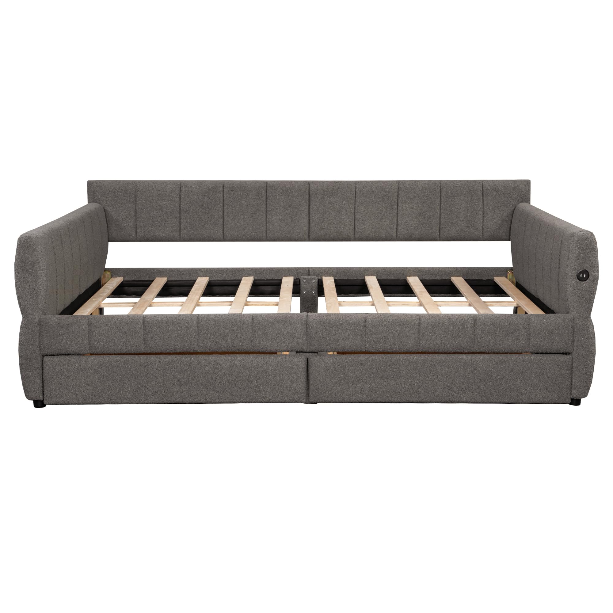 GDFStudio Queen Size Upholstered Platform Bed Frame with USB Ports & 2 Storage Drawers, Modern Sherpa Fabric Daybed Frame with Armrests, and Wooden Slats, No Box Spring Required, Gray