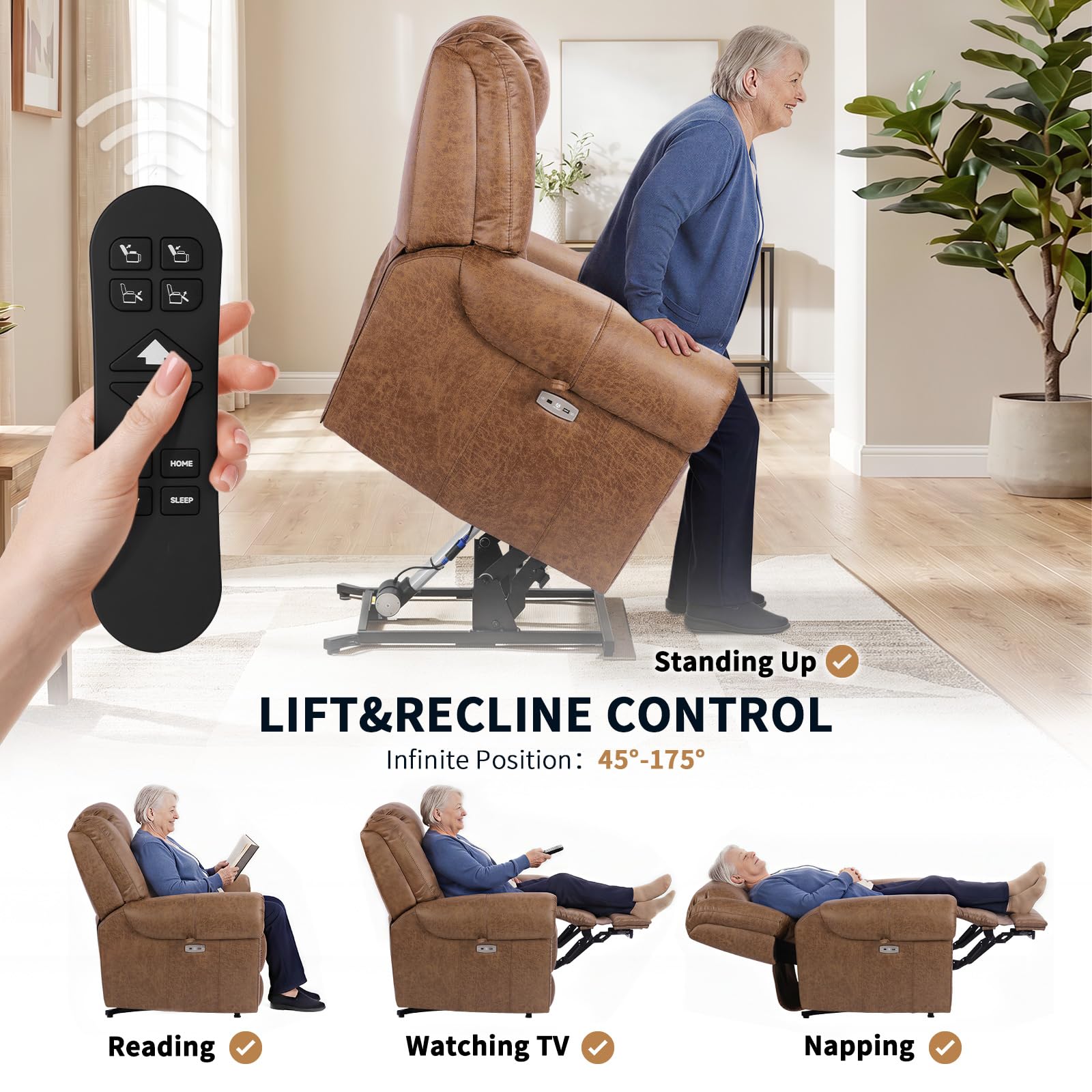 EONIX Classical Large Power Lift Recliner Chair for Elderly with Heat and Massage, Dual Motor Lay Flat Electric Lift Chair Recliner for Adults, Living Room, Bedroom, SLRY005061, Nut Brown