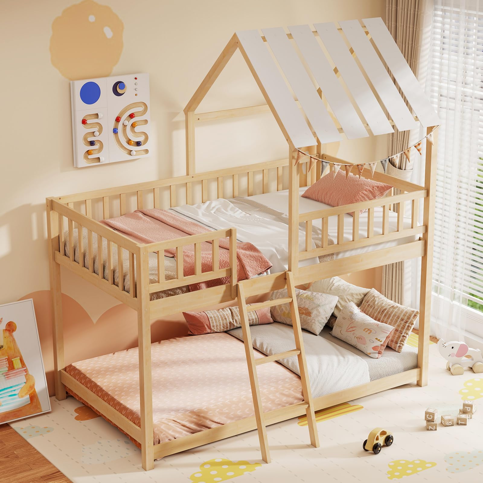 Twin Over Twin House Bunk Bed with Roof & Guardrails