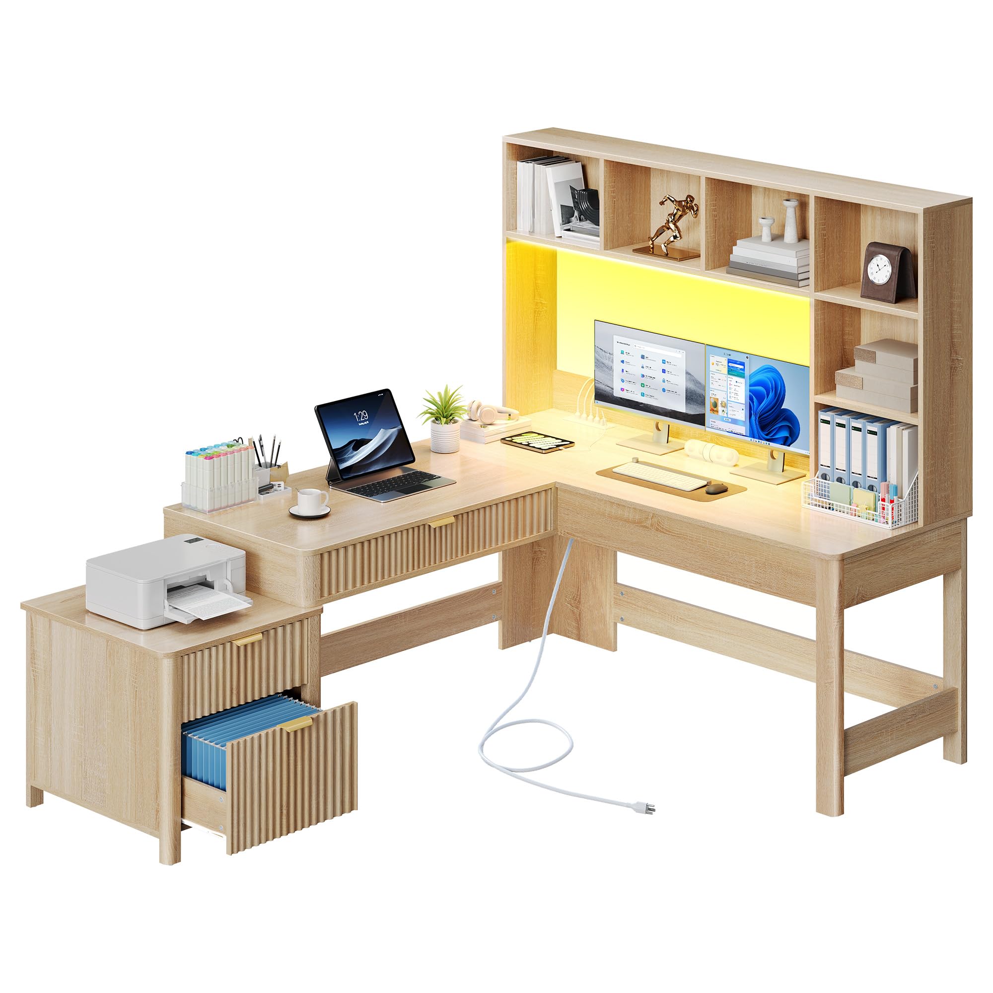 L-Shaped Desk with Hutch, Drawers & Power Outlets