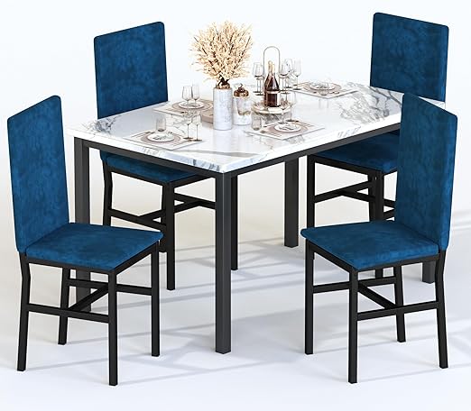 5-Piece Faux Marble Dining Table Set with Velvet Chairs