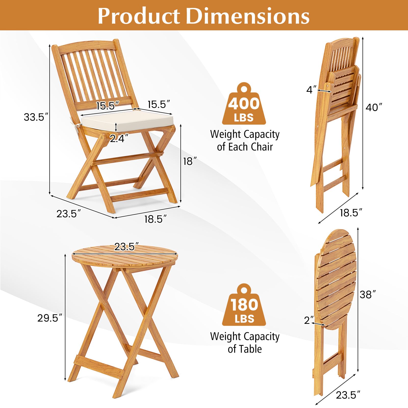 3-Piece Acacia Wood Folding Patio Bistro Set with Cushions