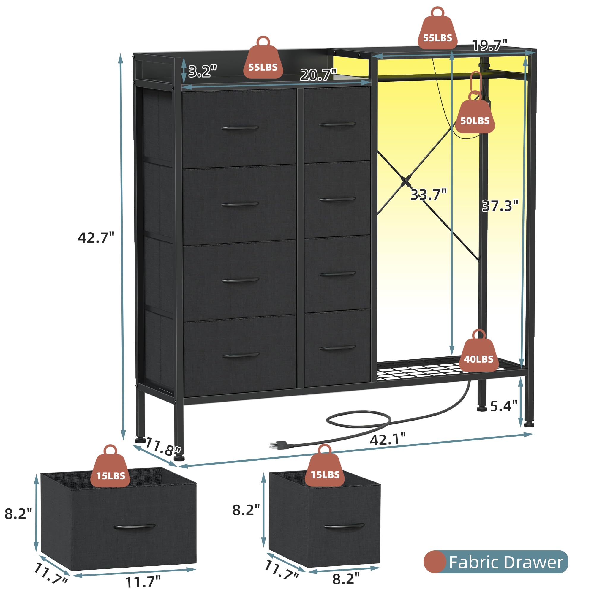 HIGDBFE Dresser with Hanging Rack, 8-Drawer Dresser for Bedroom with Charging Station & LED Lights, Fabric Dressers with Shoe Rack, Chest of Drawers with Wooden Top for Bedroom, Black, 11.8" D