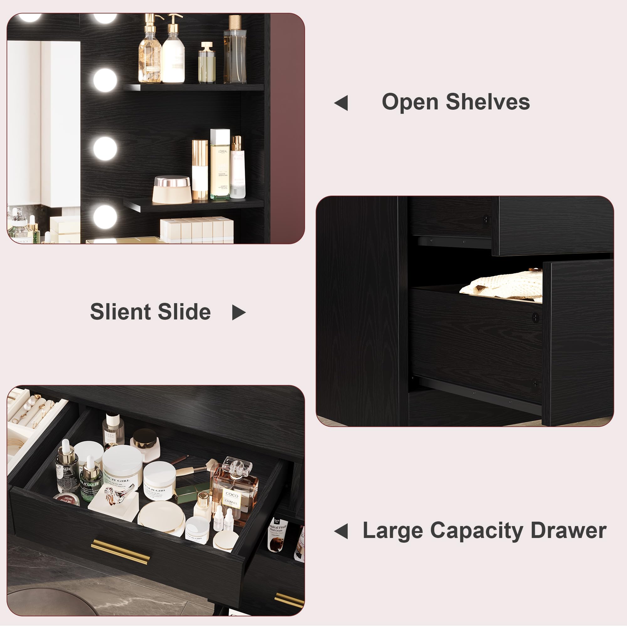 GarveeHome 61 in Make up Vanity Desk with Mirror and Lights, Black Vanity with 8 Wide Storage Drawers & 2 Tier Shelves, 3 Lighting Modes with Adjustable Brightness for Bedroom