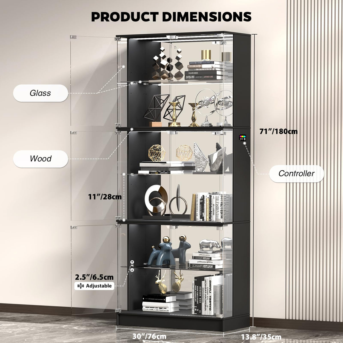VersionTECH. 71'' Tall Display Cabinet with Glass Doors & RGB Lights, Black