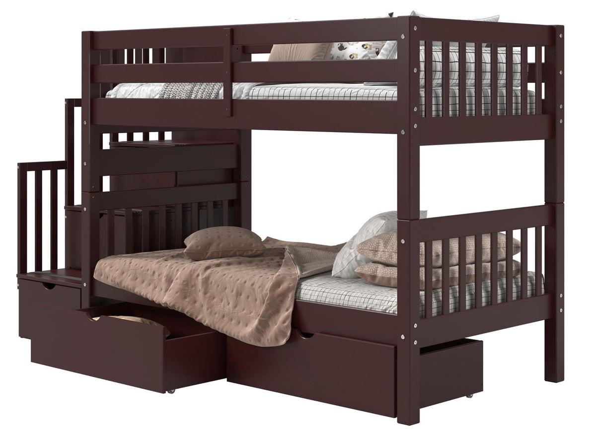 Bedz King Stairway Bunk Beds Twin Over Twin, 3 Step Drawers, 2 Storage Drawers, Dark Cherry