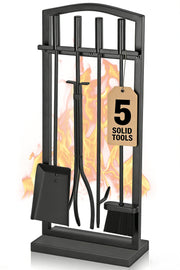 Gtongoko Fireplace Tools Set 5 Pieces with Stand, 29 Inch, Wrought Iron