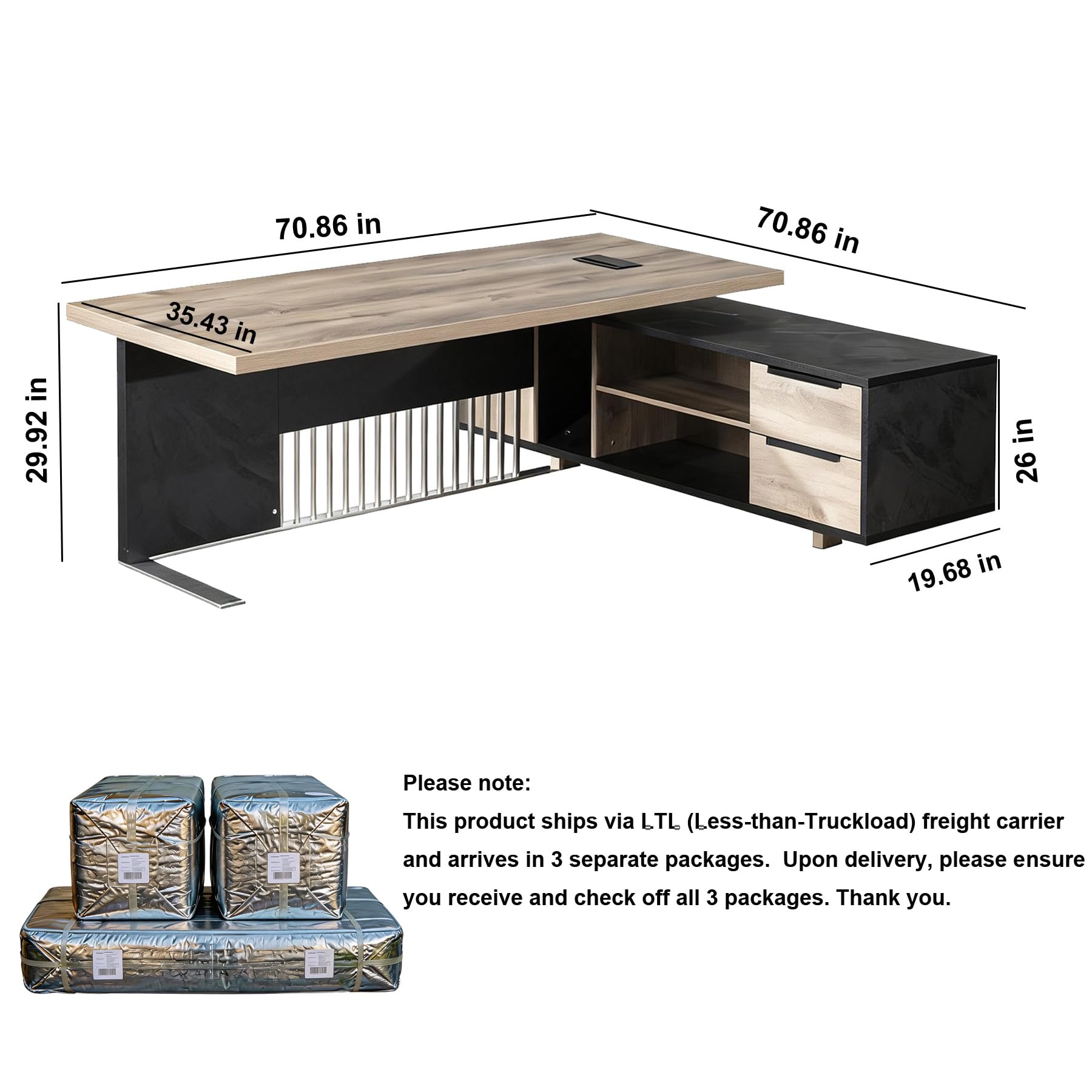 70.86 inch Inch Large Executive Desk with Drawers Cabinet, L Shaped Office Desk, Computer Desk with Universal Charging Ports and Cable Management for Business Furniture Set Workstation for Home Office