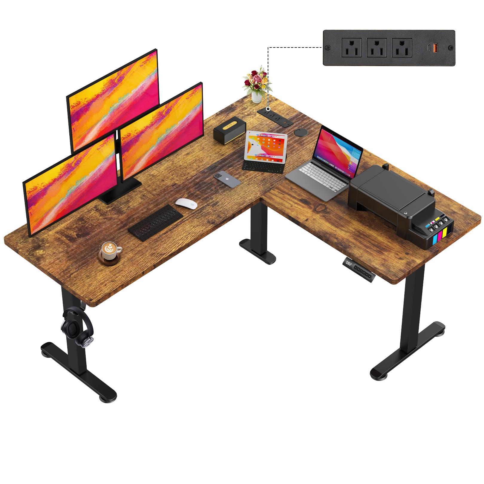 farexon 63x55 Inch L Shaped Standing Desk with Outlets, Electric Adjustable Height Stand Up Desk, Corner sit Stand Desk with Mouse Pad, Hook, Home Office Writing Gaming Computer Workstation,Brown