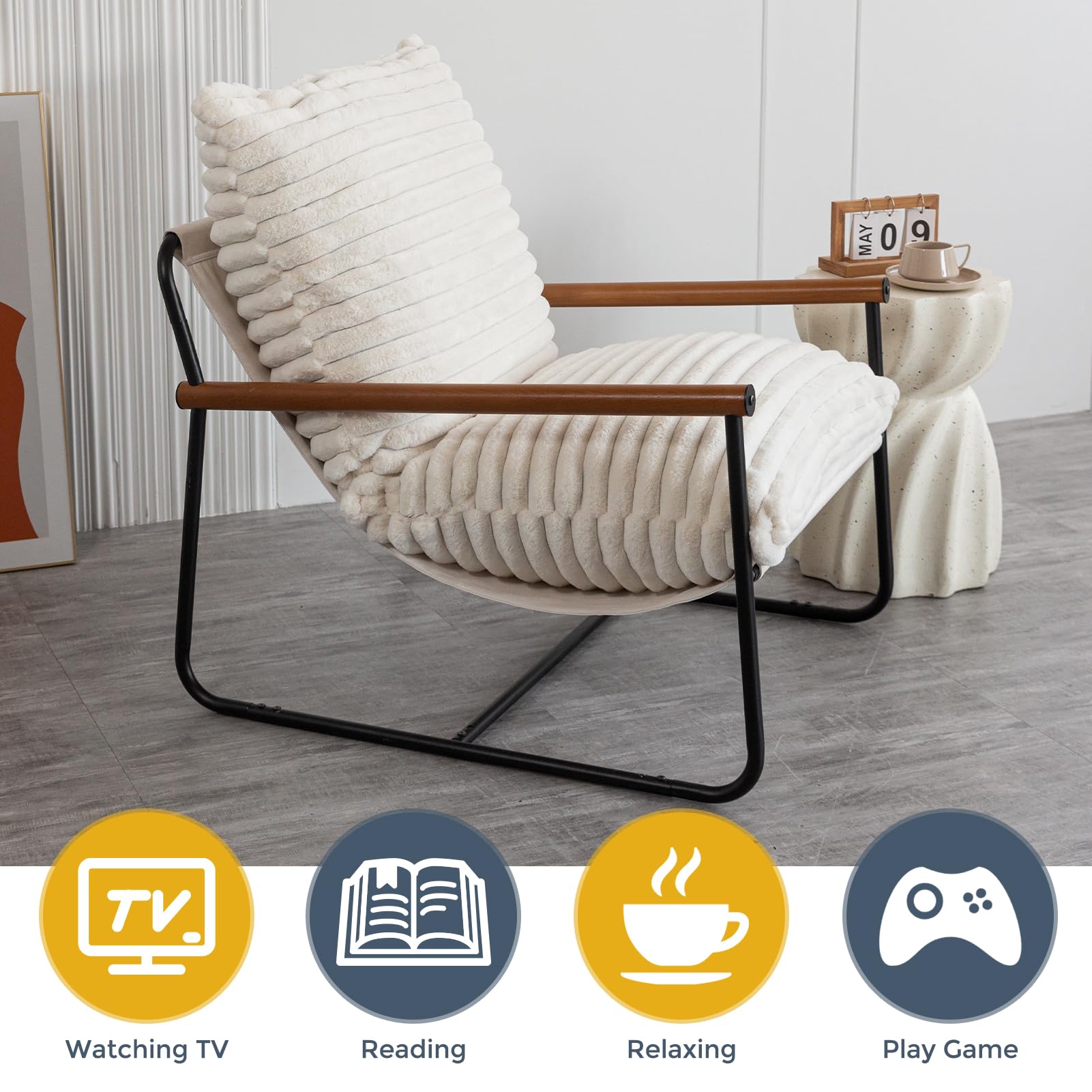Sherpa Accent Chair with Beech Wood Arms & Metal Frame