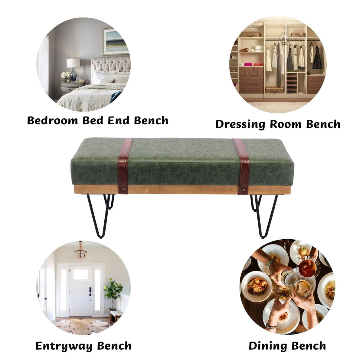 LukeAlon 44" Green PU Leather Ottoman Bench, Modern Upholstered Storage with Industrial Hairpin Legs for Entryway, Bedroom & Living Room Christmas Green