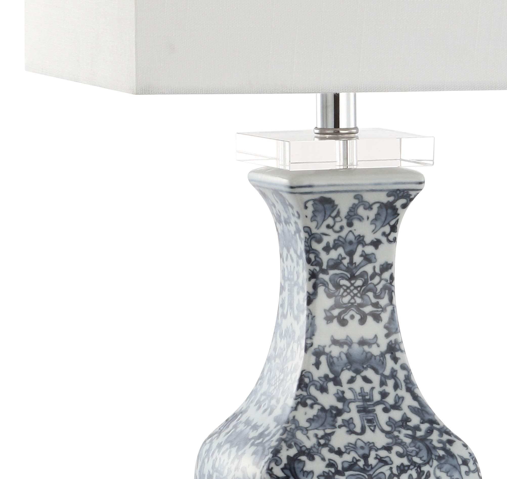 JONATHAN Y 28" Blue and White Ceramic LED Table Lamp, Chinoiserie Hand-Painted Pattern with Crystal Base, White Square Linen Shade for Bedroom, Living Room, LED Bulb Included JYL5046A
