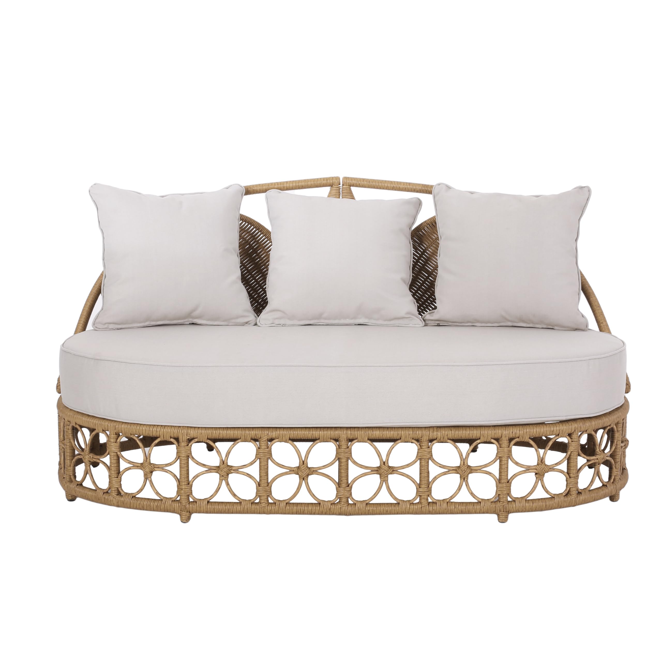 Merax Outdoor Wicker Daybed with Water Resistant Cushion and 3 Throw Pillows, Boho Patio 60" Rattan Sun Day Bed for Lawn Garden Backyard Pool, All-Weather, Light Brown