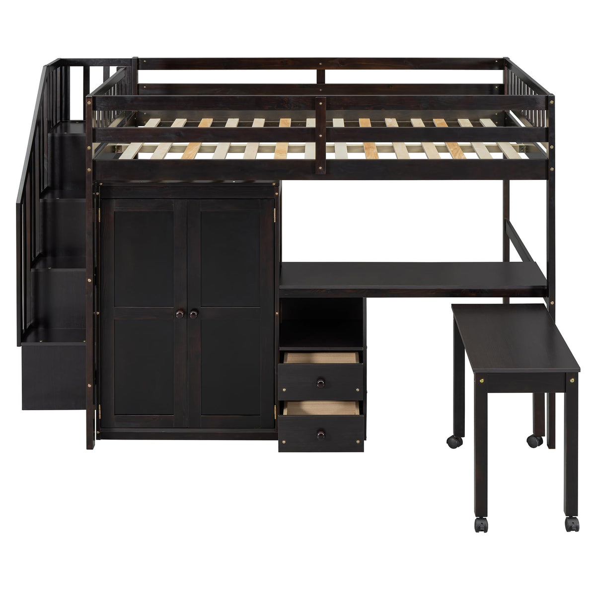 Merax Kids Full Multifunction Loft Bed with Desk/Wardrobe, Wood Storage Loft Bed with Staircase, Bookshelf & Drawers, No Box Spring Needed, Space Saving, Espresso