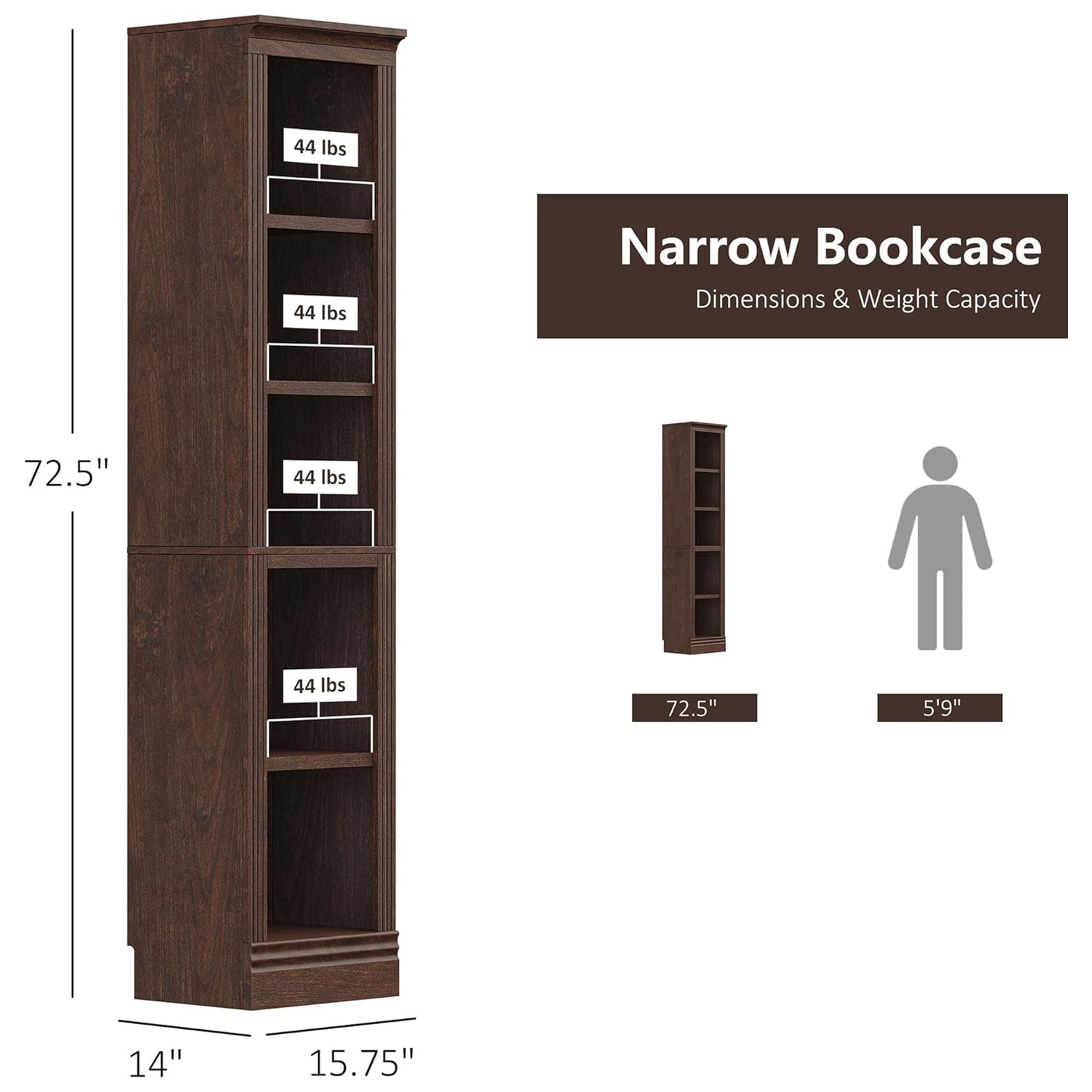 JAHRSTIM Halston Bookshelf, 5-Tier Tall Narrow Storage Shelf, Slim Adjustable Open Shelving Unit Closet Organizer and Storage for Living Room Home Office Bedroom, Modular Narrow Bookcase Bookshelf