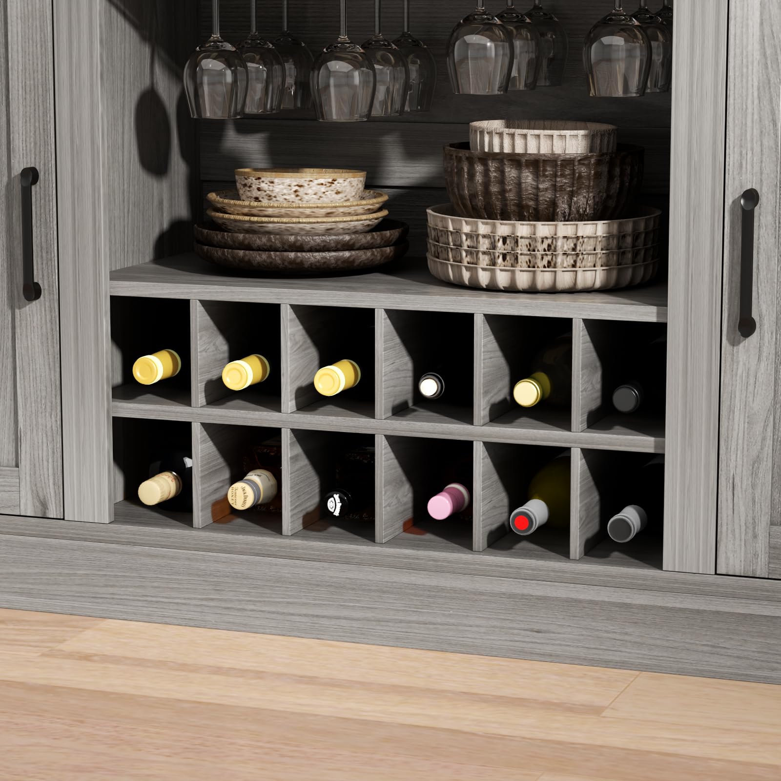 Wine Bar Cabinet with LED, 3 Drawers & Adjustable Wine Rack