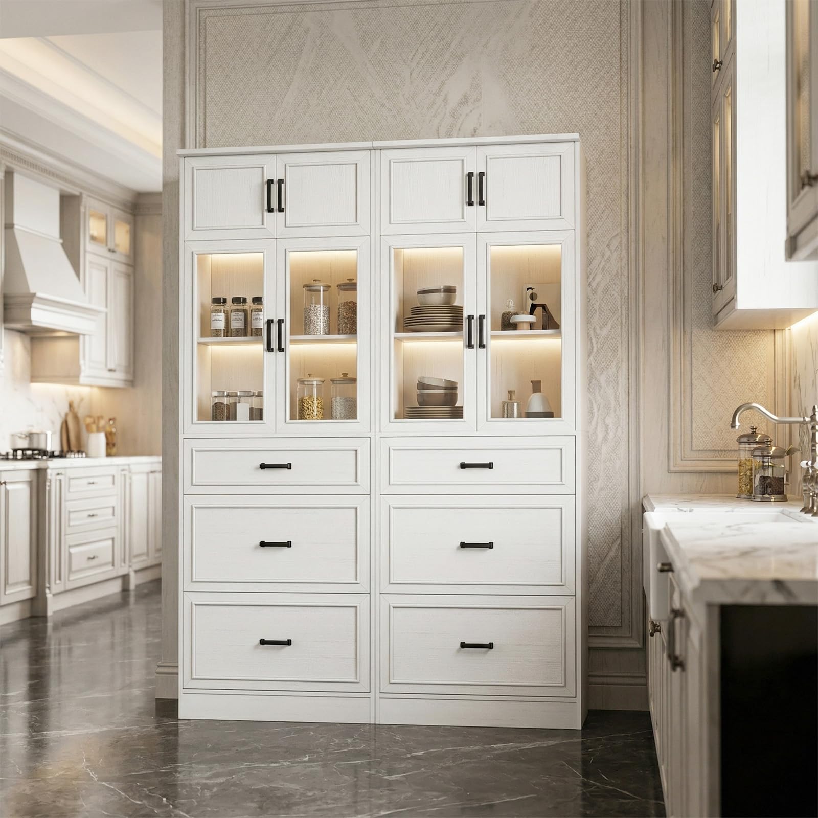 Unikito 80" Tall Kitchen Pantry Storage Cabinet with Glass Doors, Adjustable Shelves & 6 Drawers, Versatile Tall Storage Cupboard for Kitchen, Dining Room, Living Room, Bathroom, Off White