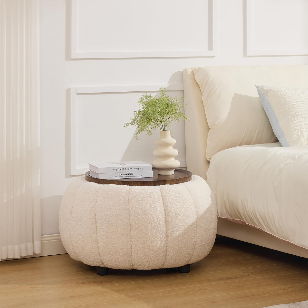 Beige Round Storage Ottoman