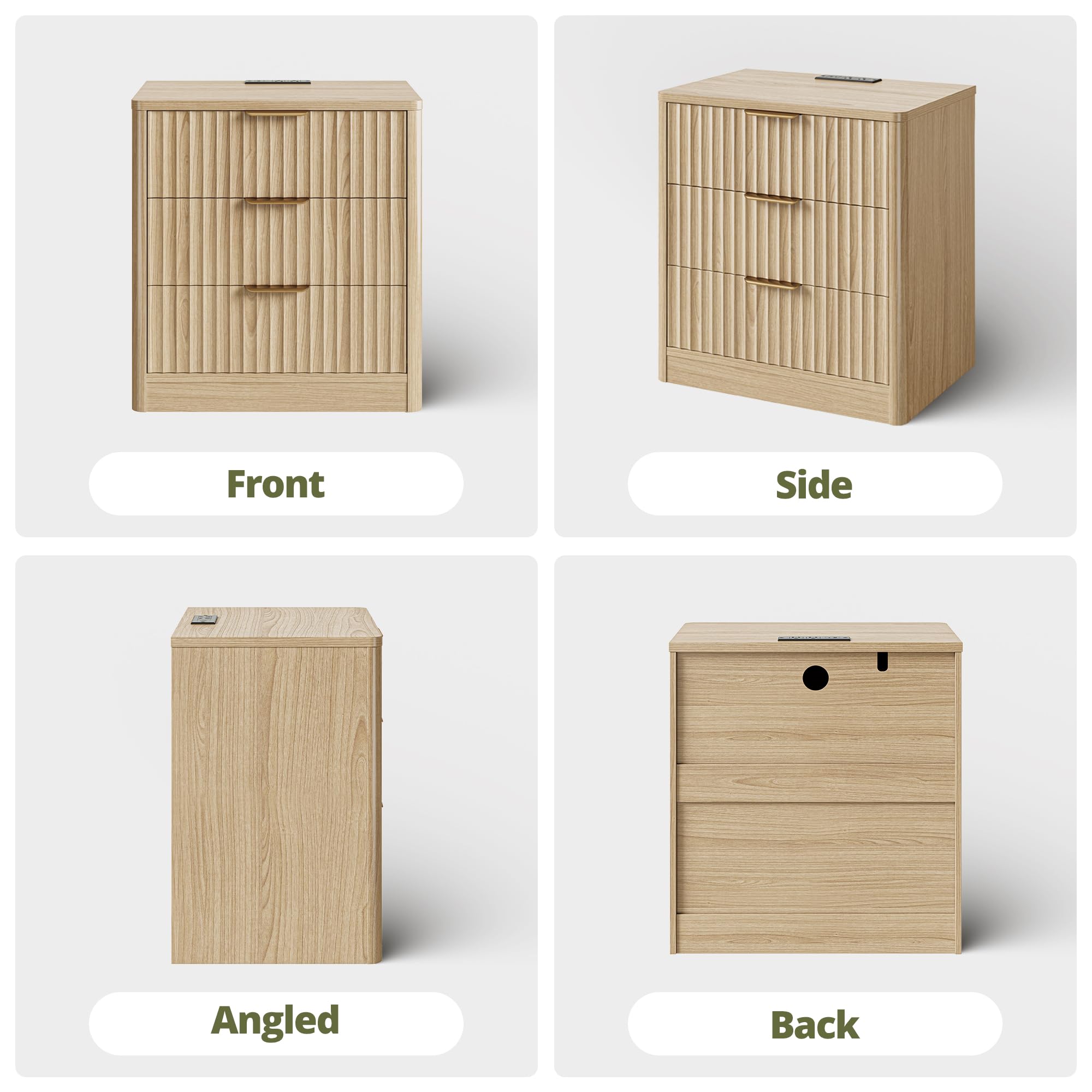 IRONCK Fluted Night Stand Set of 2, 22" Modern Nightstand with Charging Station & 3 Drawers, Bedside Table for Bedroom, Natural Oak
